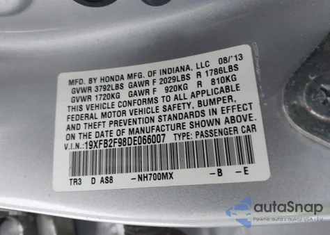 2013 Honda Civic Ex-L from USA, damaged, VIN 19XFB2F98DE066007